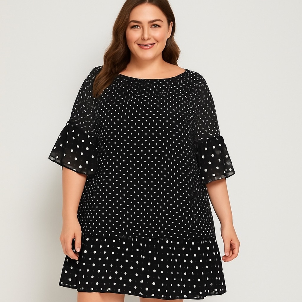 Eliza J Women’s Dress 20W Black Chiffon Lined Polka Dot Tiered Ruffle Hem Plus